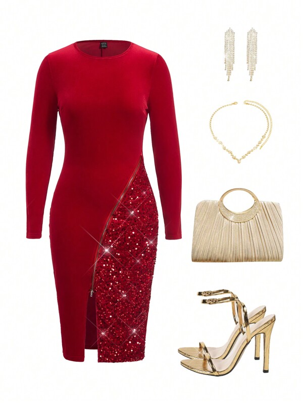 Ellevyn Winter Elegant Women's Long Sleeved Red Velvet Patchwork Beads Shimmer Brightly Zip Up Split Thigh Bodycon Red Dress,Suitable For Christmas, Parties And Gatherings