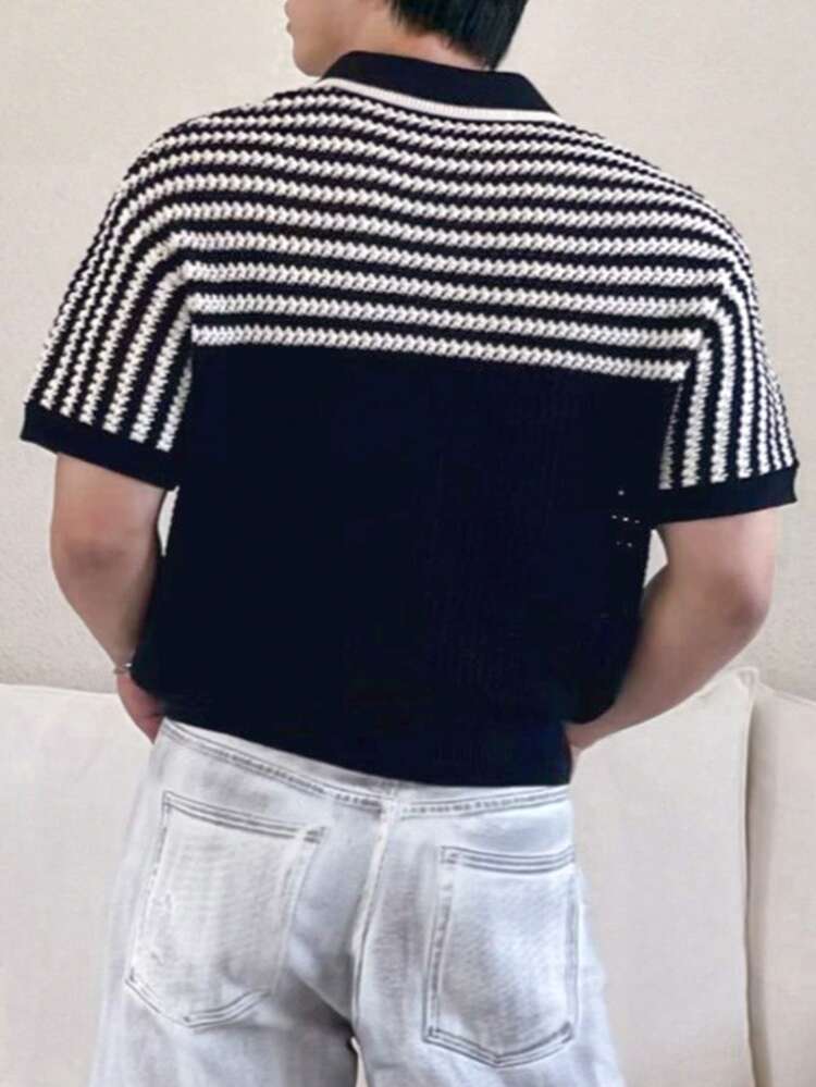 Men's Asymmetrical Striped Short Sleeve Knit Polo Shirt
