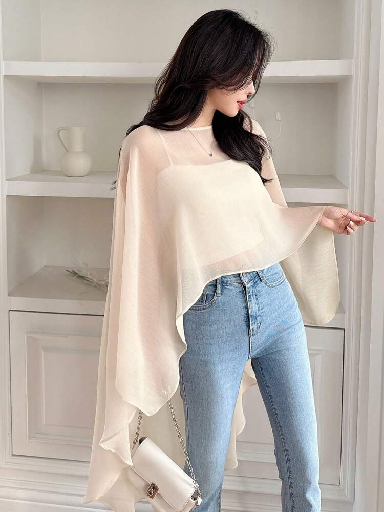 Women's Chiffon Top, Spring/Summer Solid Color Lightweight Pullover Asymmetrical Blouse Sheer