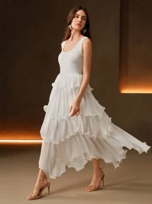 Anewsta Women Spring Festival Patchwork Mid-Calf Sleeveless Fashion Holiday Solid Color Dress - Apricot - View 5