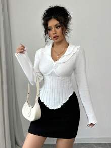 SHEIN Unity New Style Frill Trim Cute Casual Slim Fit Women Long Sleeve Sweater Knit Pullover Fall Winter Sweater - White - View 7