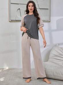 Color Block Raglan Sleeve Top & Pants Loose Casual Women Pajama Set Outfit - Apricot - View 1