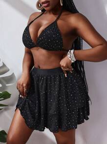 Slaydiva Contrast Sequin Halter Top And Ruffle Hem Skirt Women's Bikini Swimwear Set , For Summer Beach Vacation - Black - View 4