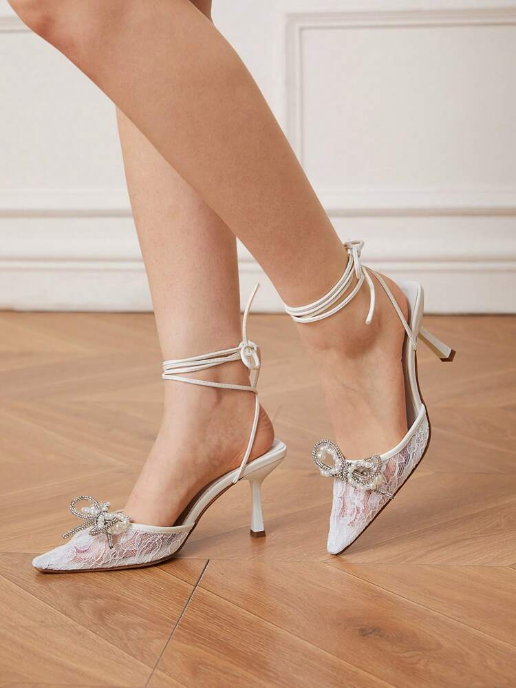 CUCCOO HITCHD 女性用スクエアトゥフェイクパール蝶結びストラップミュールハイヒールシューズ、ファッション エレガントカジュアル/ウェディング/ビンテージ対応、春・バレンタインデー