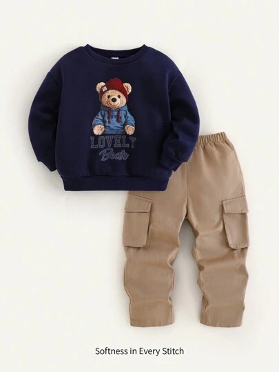 Cozy Pixies 2 件装小男孩熊图案柔软针织圆领长袖连帽衫和松紧腰长裤套装