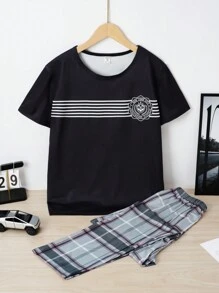 2er Set Teenager Jungen Lässig Karomuster Flammhemmend Kurzarm T-Shirt und weite Hose Pyjamas, bequem - Schwarz - Übersicht 1