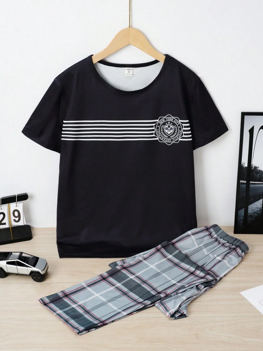 2er Set Teenager Jungen Lässig Karomuster Flammhemmend Kurzarm T-Shirt und weite Hose Pyjamas, bequem - Schwarz - Übersicht 1