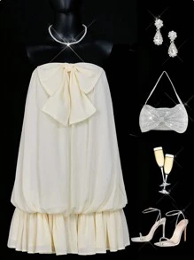 SHEIN ICON Women's Solid Color Bandeau Bow Decor Casual Holiday New Years Party Evening Women Babydoll Beige Mini Dress Valentine's Day Birthday Semi Formal Outfits