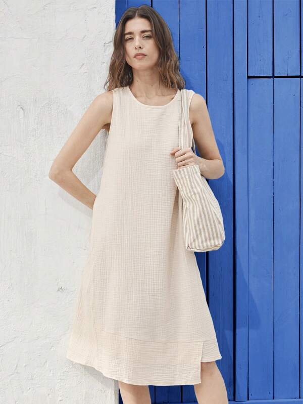 EMERY ROSE Damen einfarbiges, locker sitzendes, rundhalsiges Midi-Kleid für den Alltag