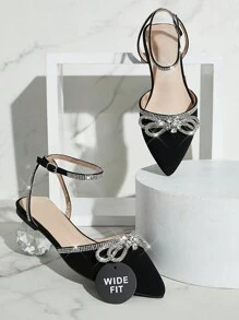 SHUZIA Zapatos planos negros de tira de tobillo y punta puntiaguda con detalles de lazo y rhinestones para mujer de ancho esencial - Calzado de primavera con correa trasera, elegante, cómodo y con estilo