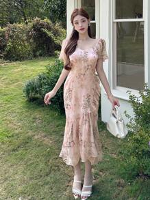 DAZY Floral Print Ruffle Trim Square Neck Asymmetric Midi Dress For Women - Pink - View 1