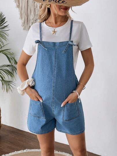SHEIN Quần short denim đơn giản có túi dây đeo vai cho bà bầu, mặc thường ngày