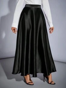 SHEIN Tall High Waisted Solid Color Flare Party Women's Oversized Hem Skirt - Black - View 3