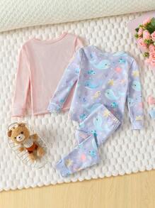 SHEIN Conjunto de pijama de 3 piezas para bebé niña, incluye blusa de manga larga con estampado de delfín y rayas + pantalón legging con estampado de delfín, ajuste ceñido - Multicolor - Ver 2