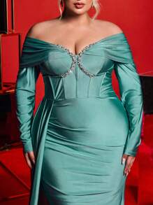 SHEIN X Izzy Darnell Glamrae Plus Size Szaro-zielona Elegancka luksusowa sukienka z odkrytymi ramionami z kryształkami i falbaniastym ogonem syreny wieczorowa sukienka