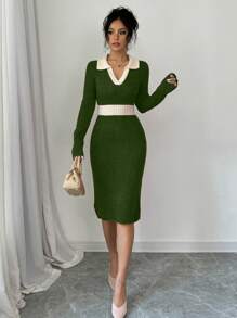 Chiquease Color Block Patchwork Slim Fit Sweater Dress, Casual Autumn/Winter For New Year Clothes