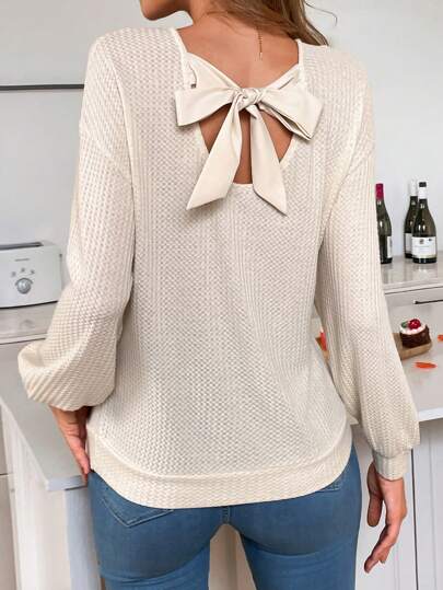 SHEIN LUNE Women's Solid Color Backknot Drop Shoulder Long Sleeve Casual T-Shirt, Autumn Valentine's Day Robe Going Out Tops Women