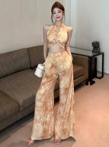 DAZY Floral Print Twist Front Top & Wide Leg Pants 2 Pieces Set For Women