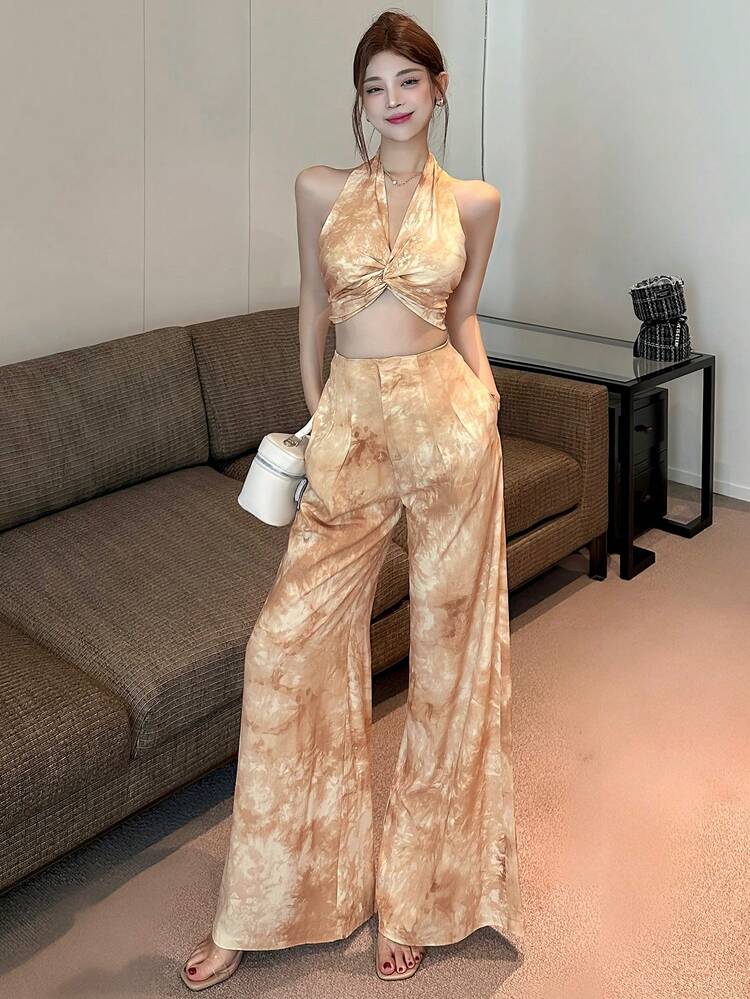Floral Print Twist Front Top & Wide Leg Pants 2 Pieces Set For Women