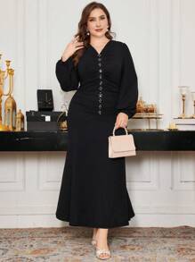 Modelyn Plus Size Maxi Length Knitted Beaded Elegant Bodycon Fishtail Dress - Black - View 5