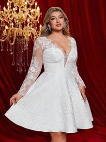 Glamrae Abito da sposa elegante e romantico extra large, in jacquard bianco, con maniche lunghe trasparenti, decorazioni in applicazione, linea ad A ampia, adatto per ricevimento nuziale