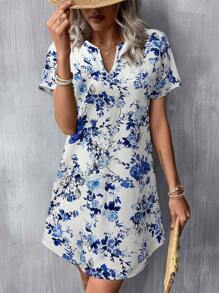 SHEIN LUNE 春季新款休闲度假迷你蓝白瓷印花波西米亚风女装连衣裙 - 藍色 - 查看 1