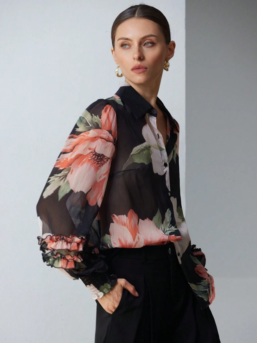 Aveloria Modichic 优雅随机雪纺撞色印花层叠荷叶边袖口长袖衬衫 - 彩色 - 查看 1