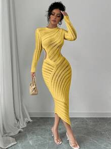 Rafferiza Women Solid Crew Neck Long Sleeve Slim Fit Yellow Sweater Dress Fall Winter Cloth For Women - Yellow - View 5