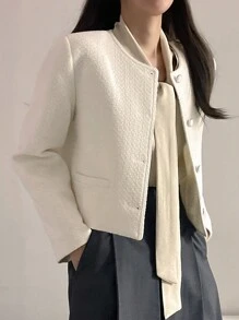 DAZY Chaqueta corta de manga larga y cuello redondo de unicolor para mujer, otoño