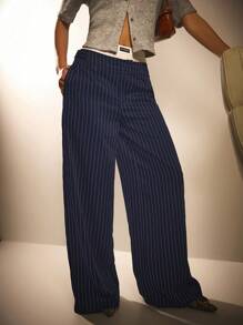 Athîral 女士条纹休闲裤，简约时尚日常穿着 - 藏蓝色 - 查看 3