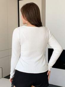 Dazy Petite Plus Square Neck Solid Color High Waist Elegant Long Sleeve White T-Shirt, Spring & Autumn,Babydoll Top