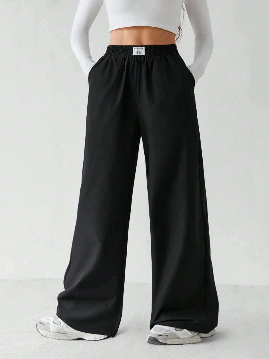 SHEIN Tall Quần dài đi nghỉ đơn giản rộng rãi màu đen quần dài ống đứng - màu đen - Xem 1