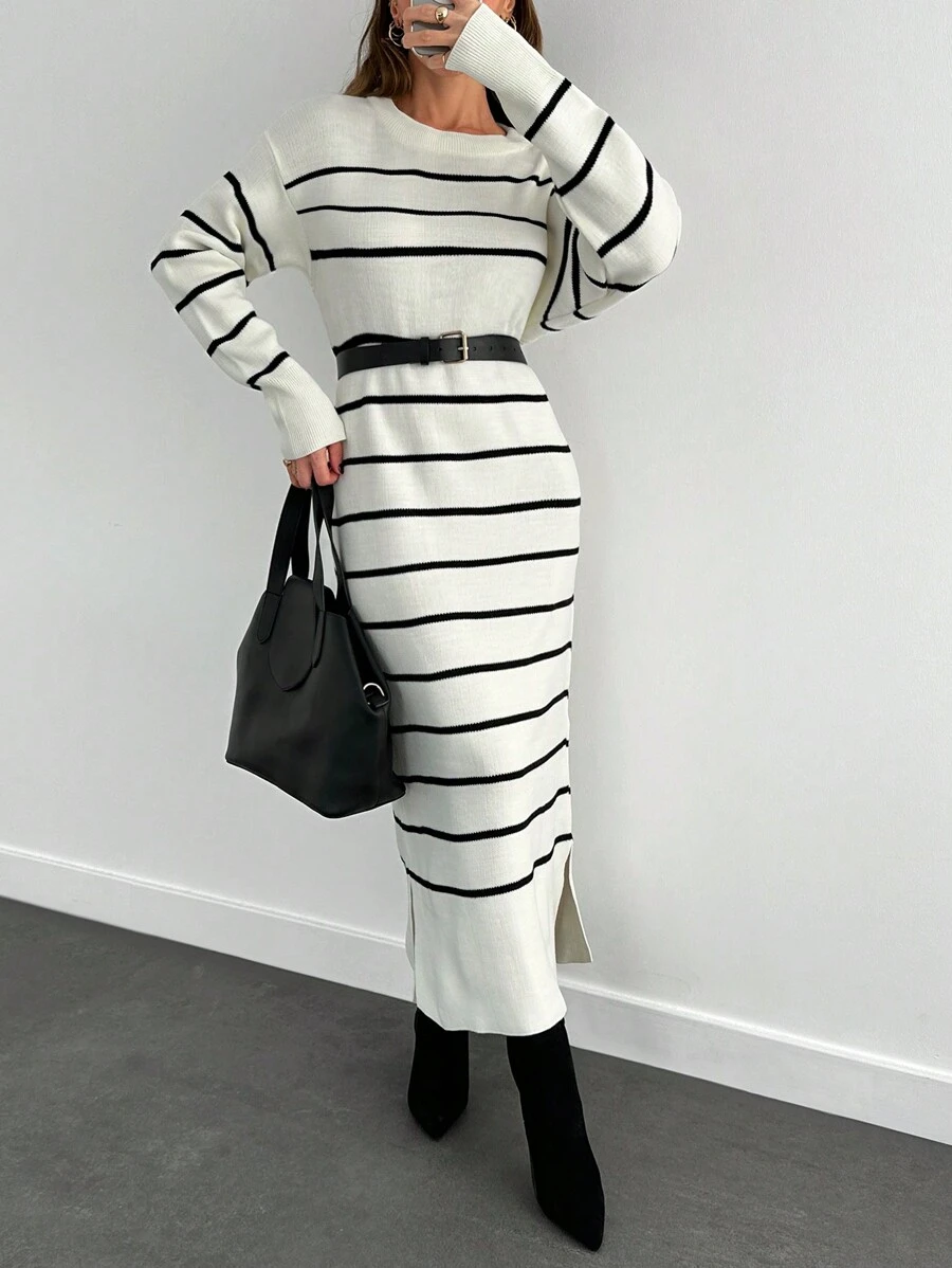 EURMUSE Women Striped Round Neck Dropped Shoulder Long Sleeve Casual Sweater Dress, Autumn/Winter - White - View 1