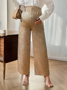 SHEIN Pantalones palazzo sueltos y elegantes de unicolor metálico para maternidad - Dorado - Ver 1