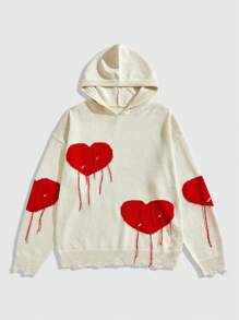 ROMWE MEN Street Life Men's Valentine's Day Two-Tone Heart Fringe Decoration Ripped Hooded Pullover - White - View 1