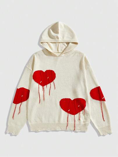 Street Life Sudadera con capucha para hombre con decoración de flecos en forma de corazón bicolor para el Día de San Valentín