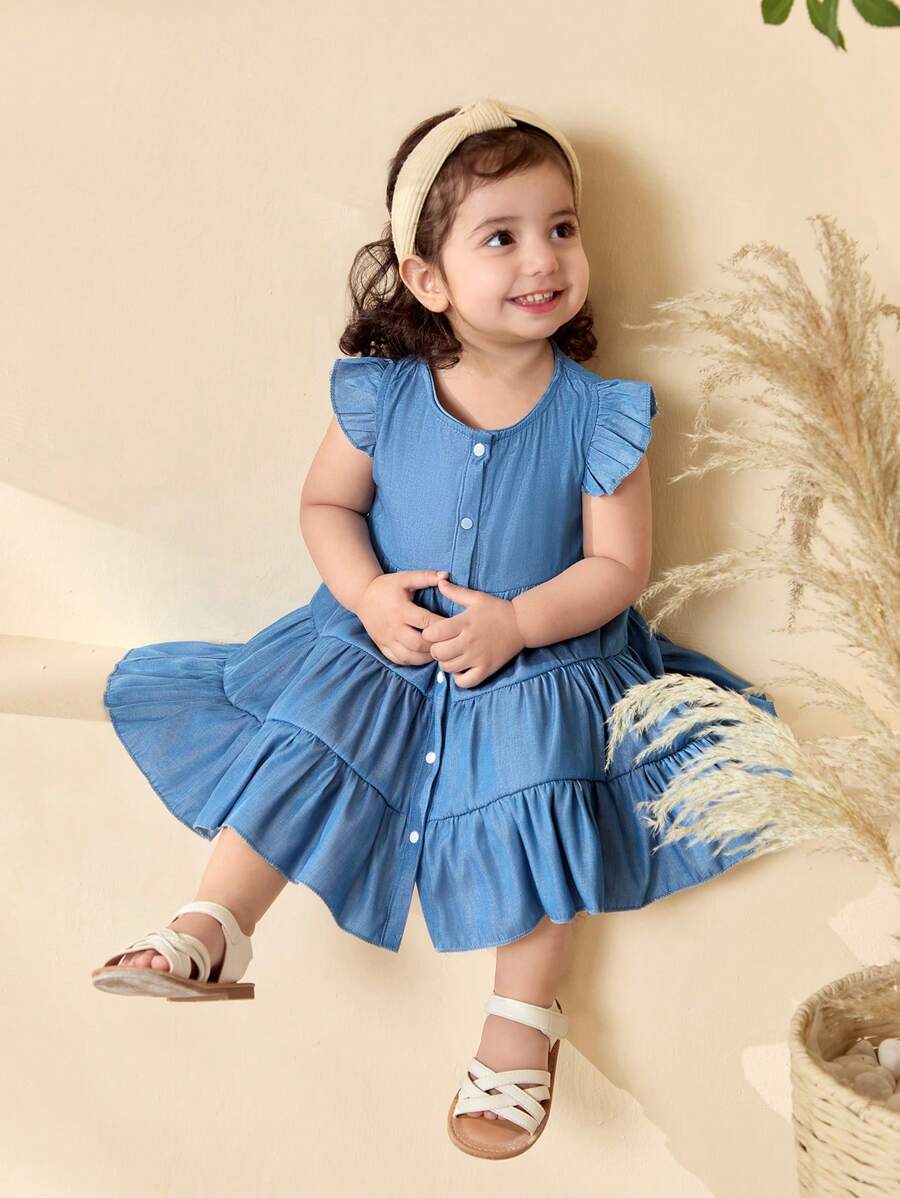 SHEIN Baby Mädchen/Säugling/Kleinkind 0-3 Jahre Lässig Urlaub lockeres Flügelärmel-Maxikleid aus seidiger Strickware, blau, geeignet für zuhause und Outdoor - Blau - Übersicht 1