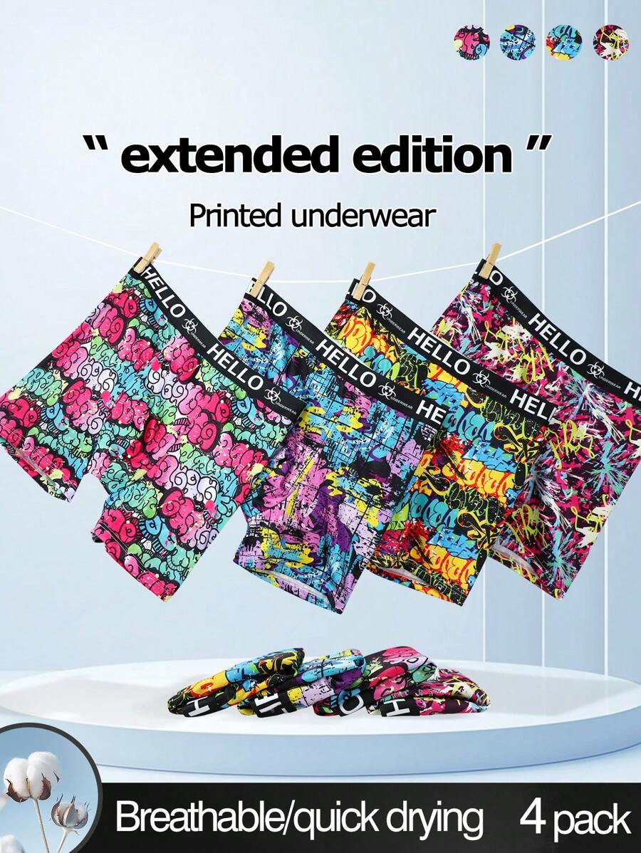 4pcs/Set Men's Printed Patchwork Casual Boxer Briefs