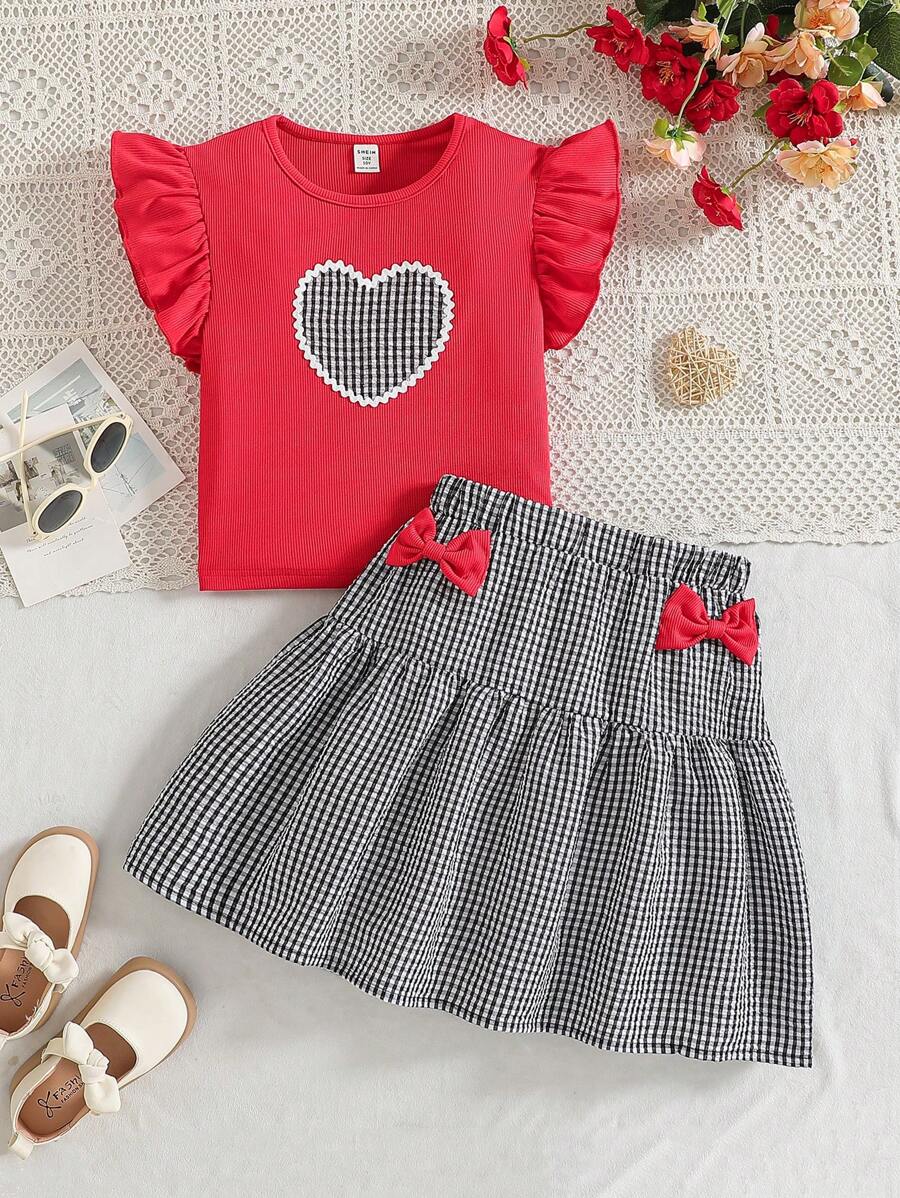 Tween Girl Fashionable Ruffle Sleeve Top And Plaid Skirt 2pcs Set Summer Holiday - Burgundy - View 1