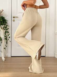 Comfortcana Women's Solid Color Elastic Waist Pocket Casual Sweatpants, Daily Wear - Khaki - View 2