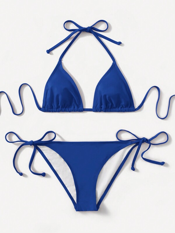 Swim Basics Women's Solid Color Halter Tie Sexy Bikini Two-Piece Set For Beach Vacation Summer
