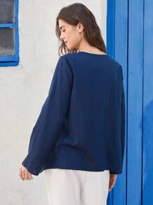 EMERY ROSE Women Round Neck Asymmetric Hem Shirt - Navy Blue - View 2