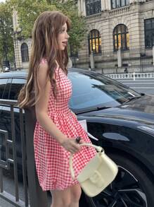 SHEIN Valentine's Day Plaid Bubble Dress For Teenage Girls, Red Color, Sweet & Cute, Suitable For Occasions, Mini Dress - Multicolor - View 5