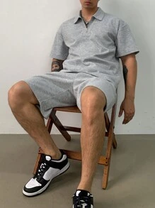 DAZY 2Pcs Men's Basic Solid Half-Zip Polo Shirt & Shorts Set, Summer - Grey - View 3