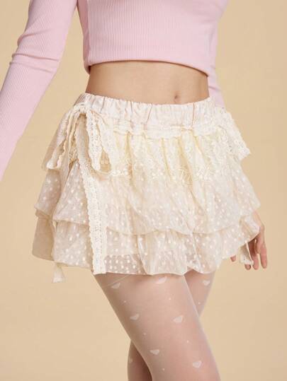 Kawaii Jupe jacquard avec décoration de nœud, bord en dentelle volantée et couches mignonnes pour femmes, style féminin et doux