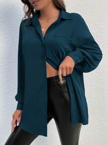 SHEIN VCAY Plus Size Solid Color Front Button Long Sleeve Casual Top, For Everyday Wear