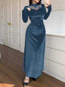 Modelyn 女士立领撞色蕾丝褶皱长袖优雅连衣裙长款晚礼服 - 藍色 - 查看 5