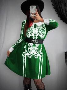 Flirla Plus Size Halloween Cosplay Dark Punk Goth Wednesday Skull Collar Retro Cute Short Dress Fall Cloth For Women - Multicolor - View 1