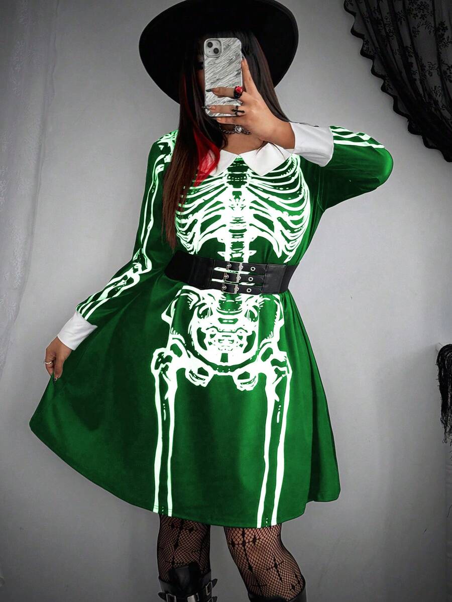 Flirla Plus Size Halloween Cosplay Dark Punk Goth Wednesday Skull Collar Retro Cute Short Dress Fall Cloth For Women - Multicolor - View 1