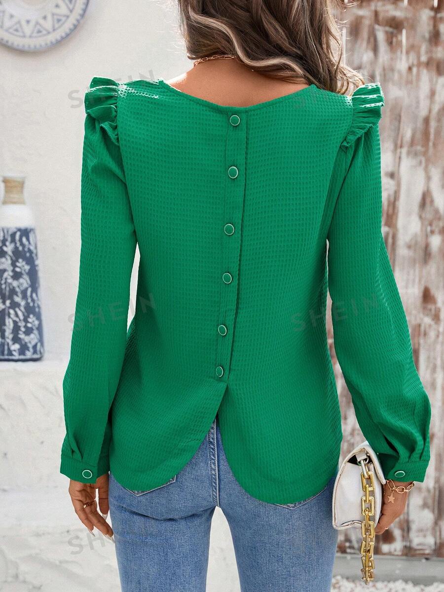 SHEIN Clasi Blusa casual minimalista de mujer de unicolor, cuello redondo, manga larga, con botones en la espalda, para uso diario